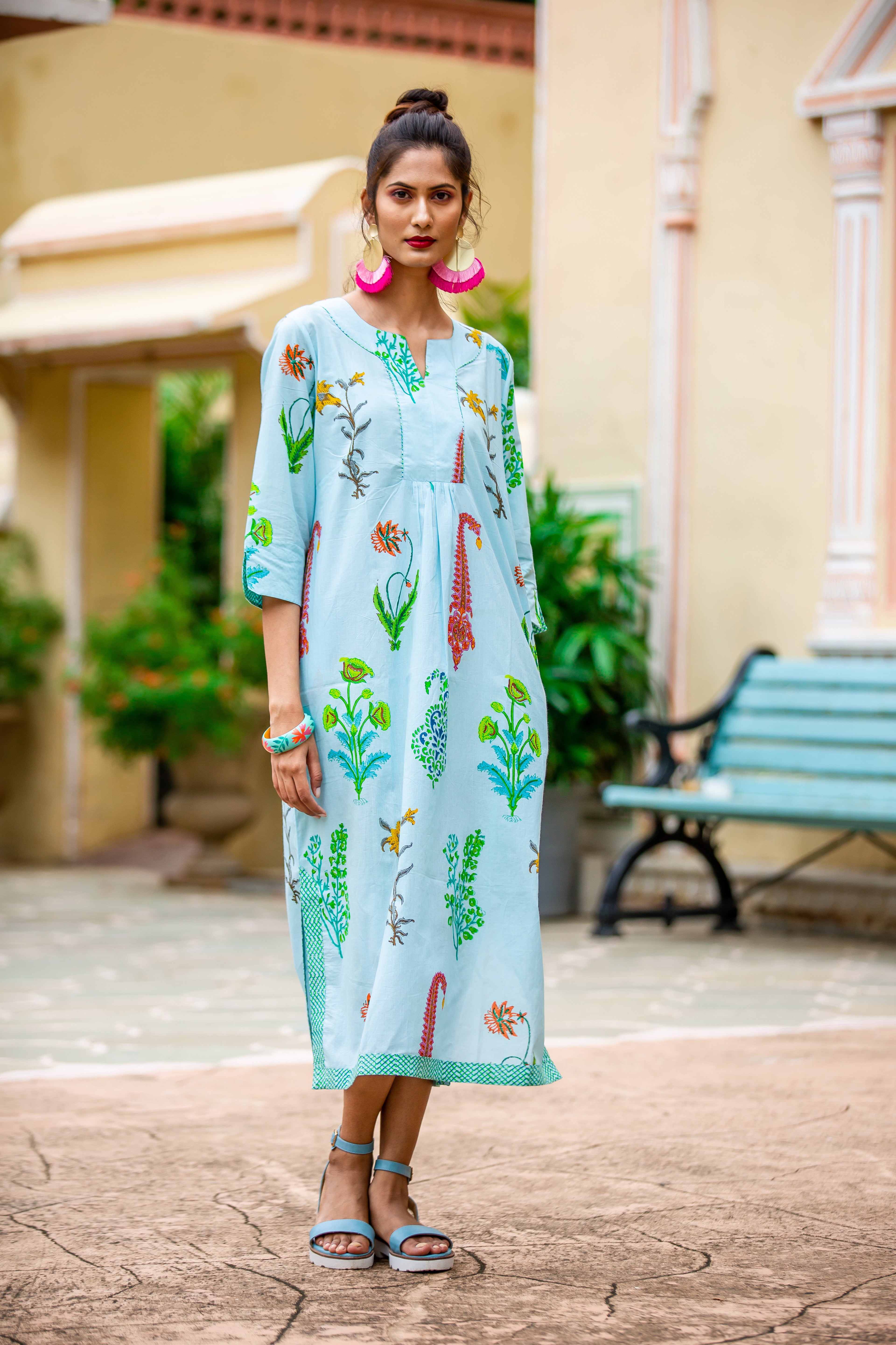 Botanical Maxi Dress Cotton Cambric Persian Blue