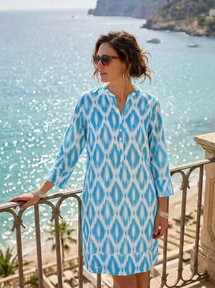 Ikat Tunic Dress Linen - Summer Blue