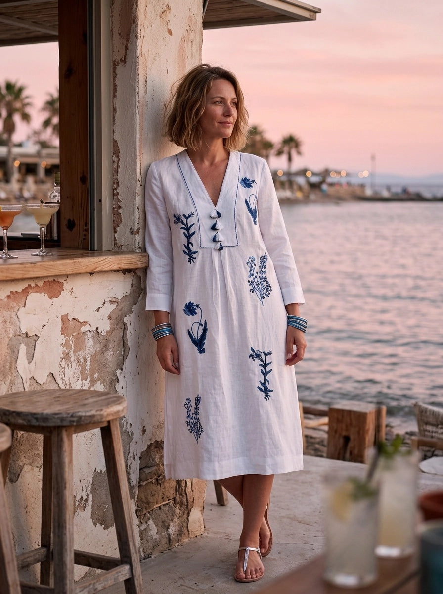 Botanical Embroidered Picot Midi Tunic Dress - White & Indigo
