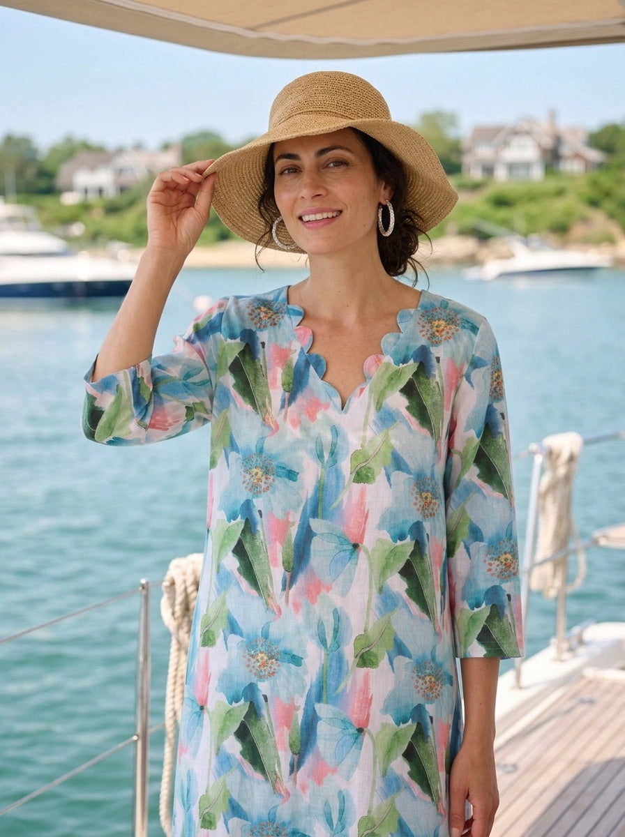 Tulip Poppy Scallop V Neck Dress Linen Blue