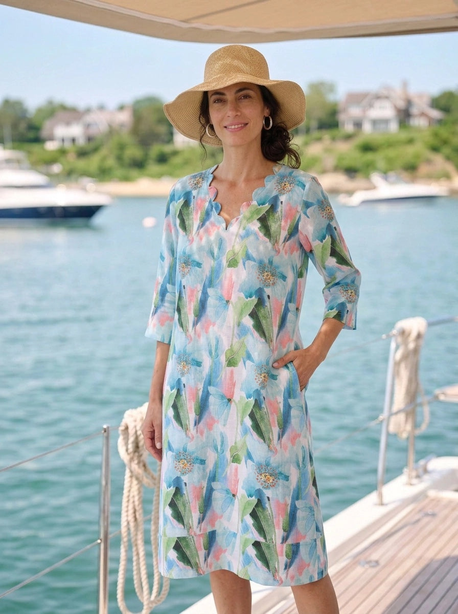 Tulip Poppy Scallop V Neck Dress Linen Blue