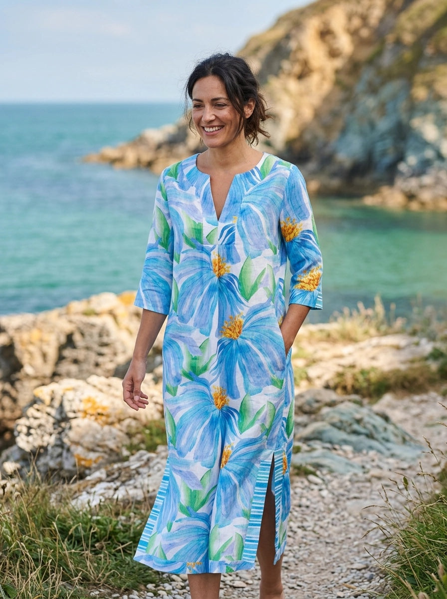 Denim Flower Print Linen Maxi Dress