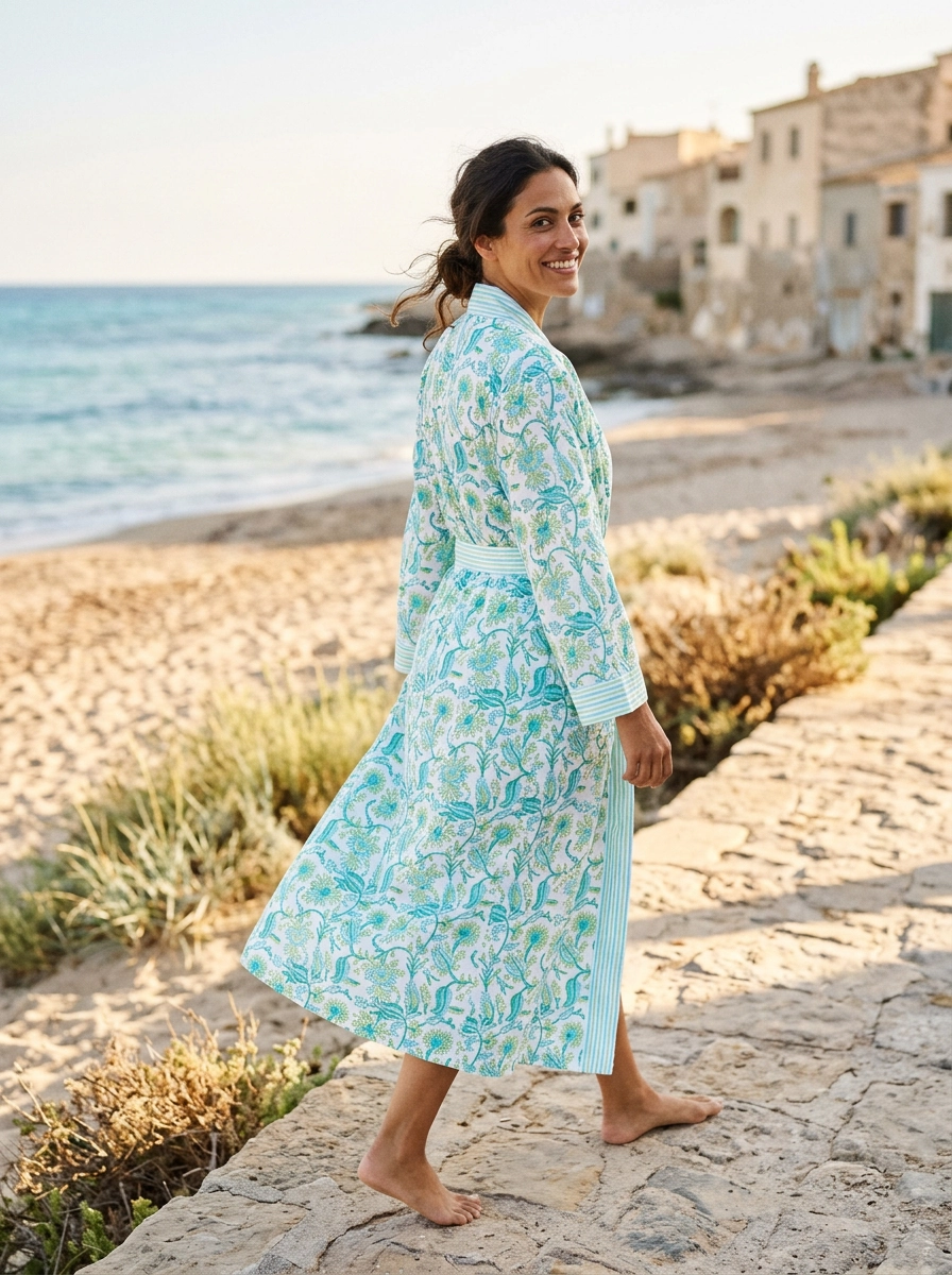 Hand Block Printed Kimono Robe - Apple Green