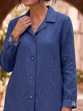 Embroidered Gertrude Coat Dress Linen Indigo