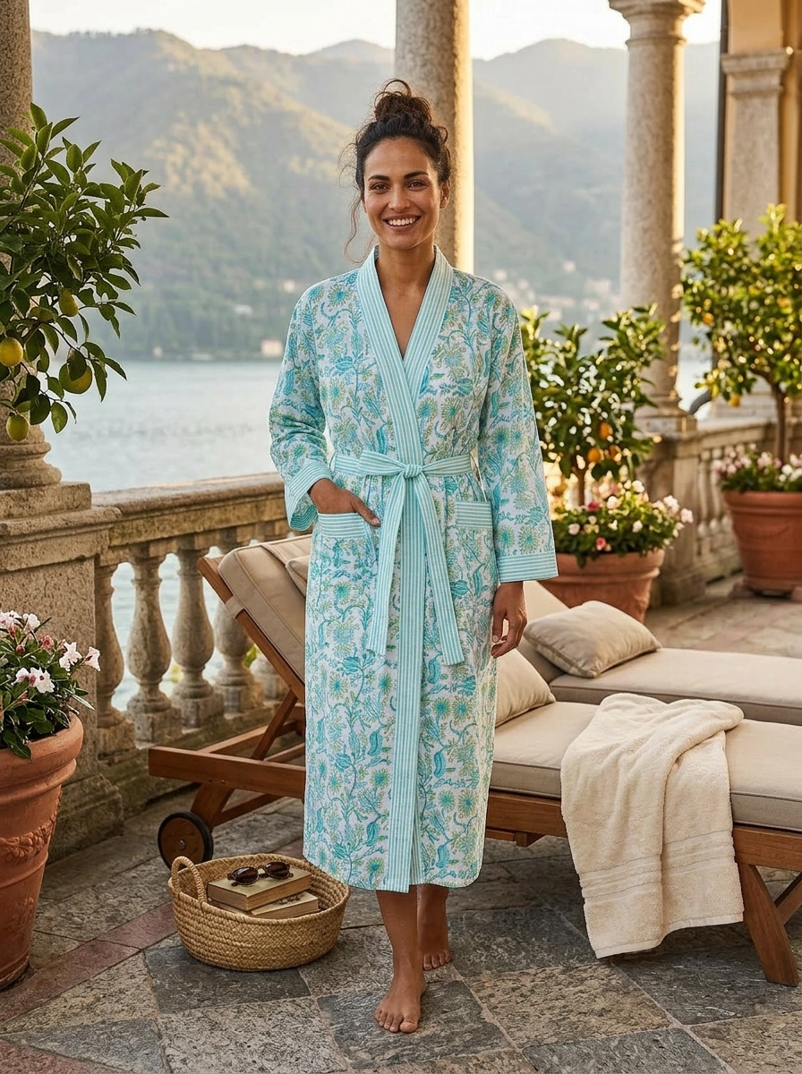 Hand Block Printed Kimono Robe - Apple Green