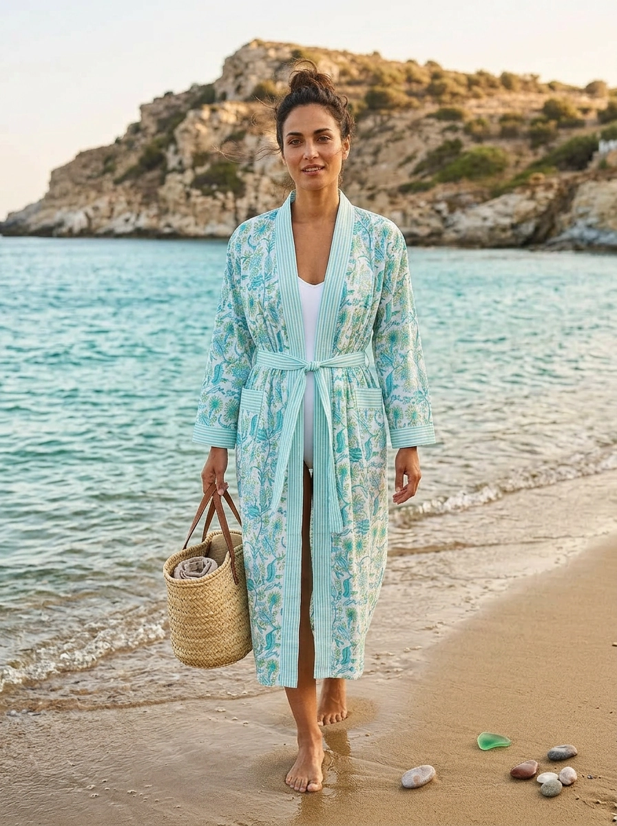 Hand Block Printed Kimono Robe - Apple Green