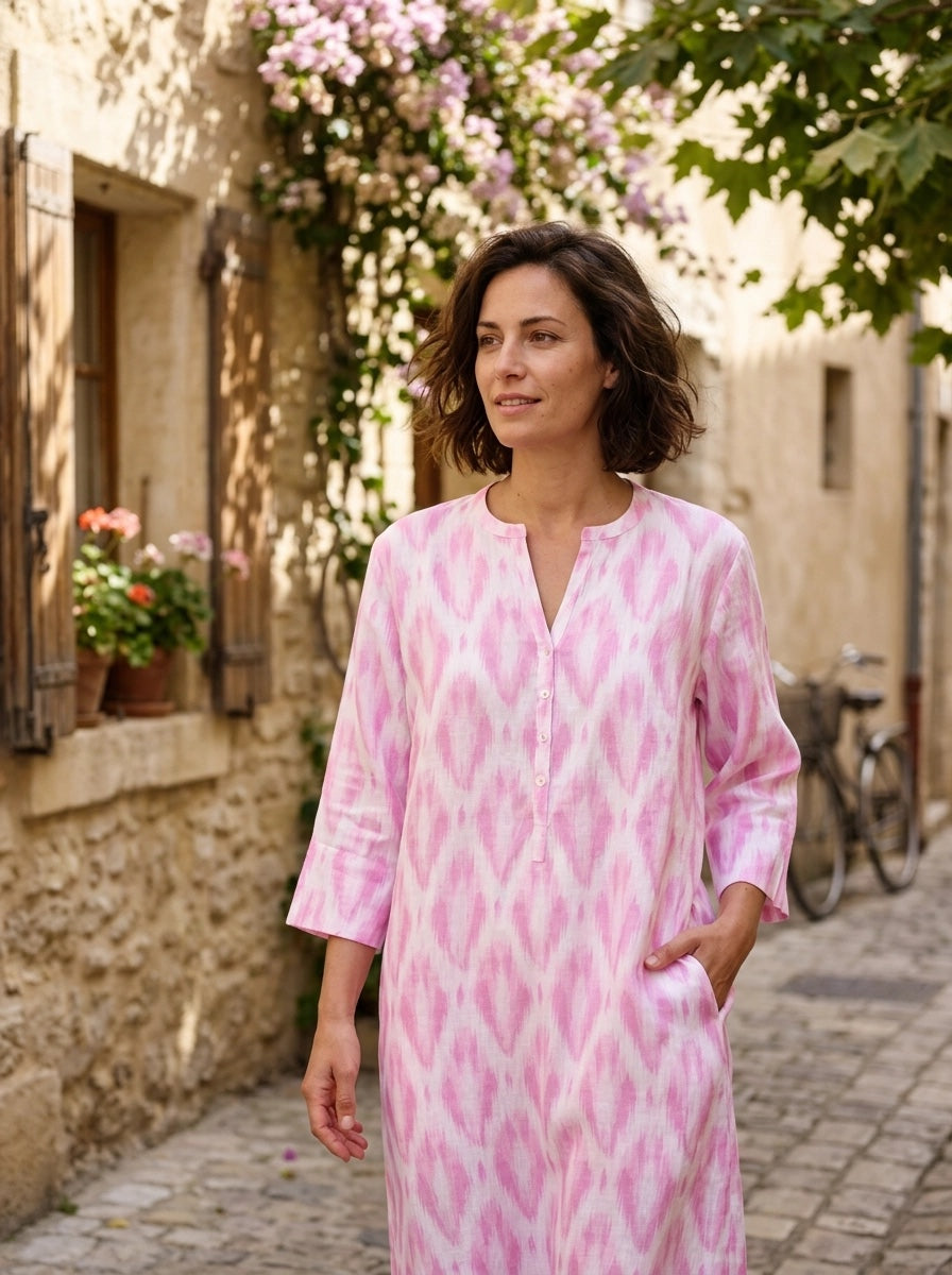 Ikat Tunic Dress Linen Pink