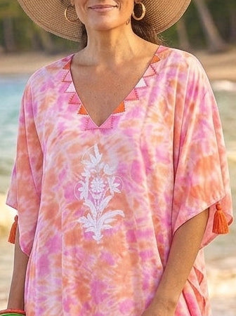 Felicity Embroidered Kaftan Cotton Cambric Pink