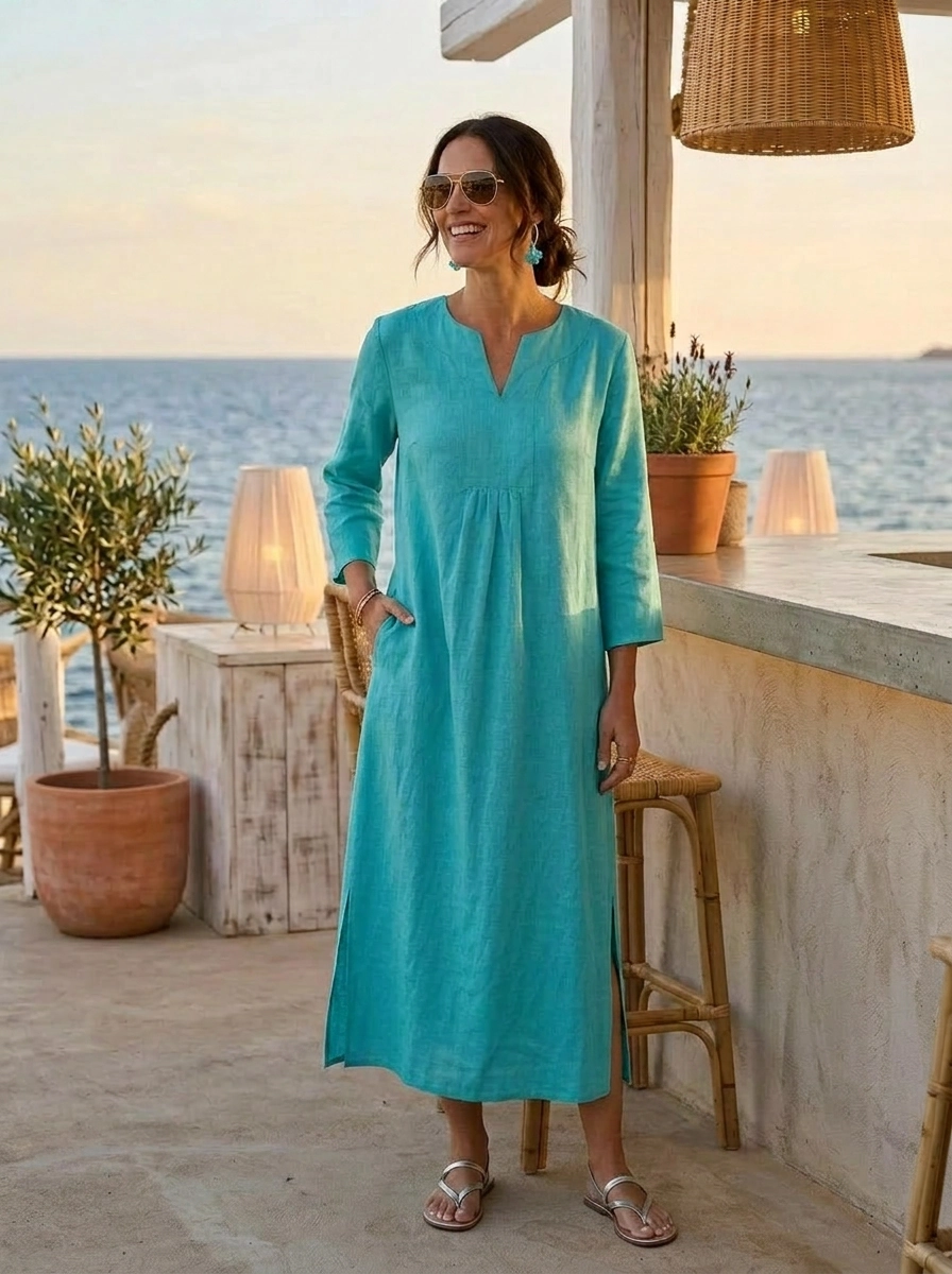 Life Style Linen Maxi Dress - Aqua Blue