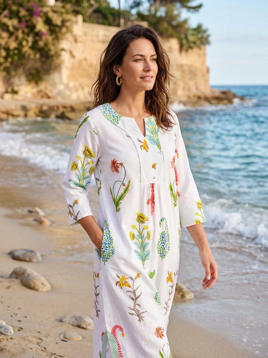 Botanical Maxi Dress Cotton White Multi