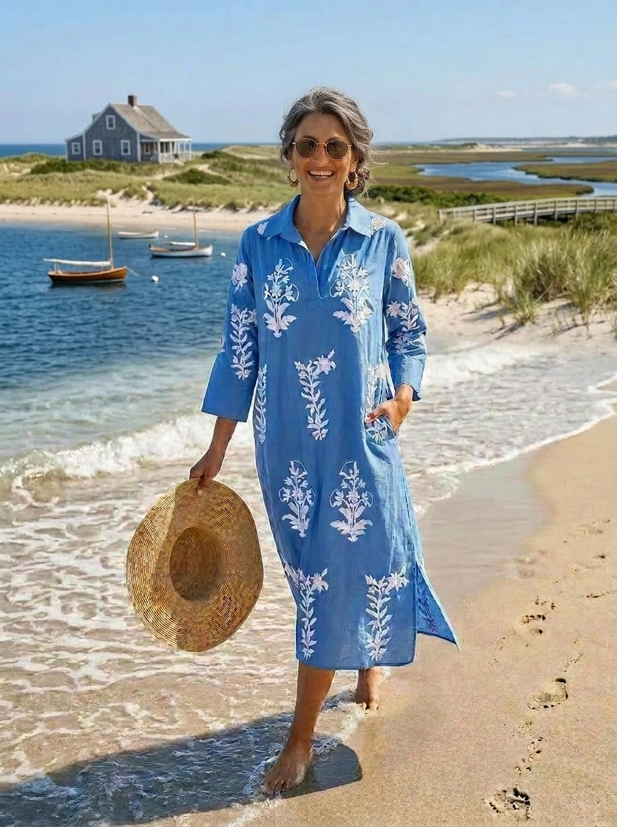 Long Tourist Dress Blue with White Embroidery Cotton