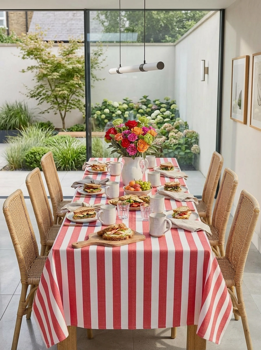 Broad Stripe Cloth 150 x 225 cms Table Cloth Cotton Coral Red S/M