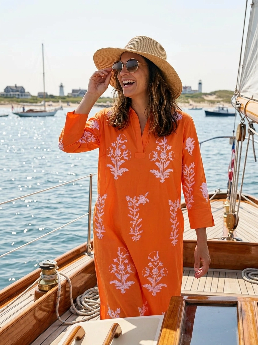 Long Tourist Dress Satsuma with White Embroidery