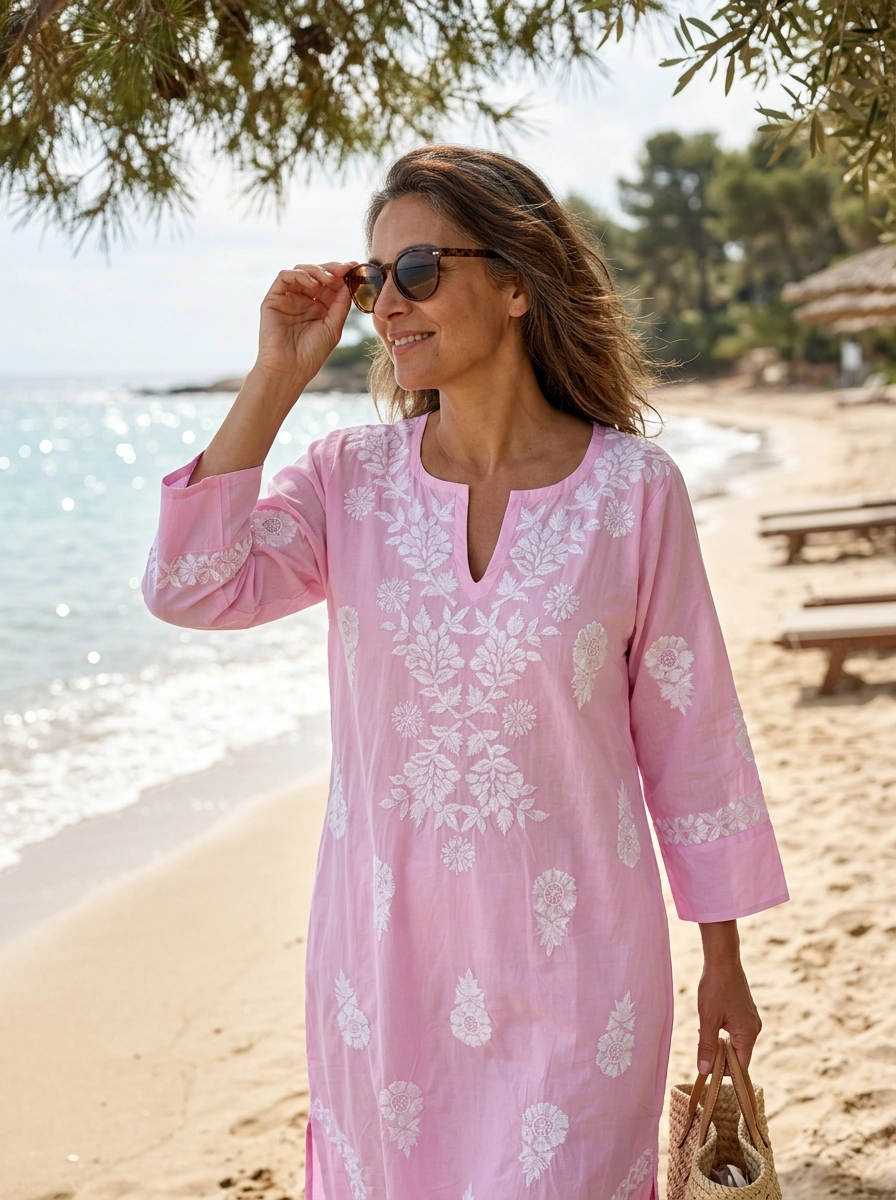 Pink Harriet Dress with White Hand Embroidery