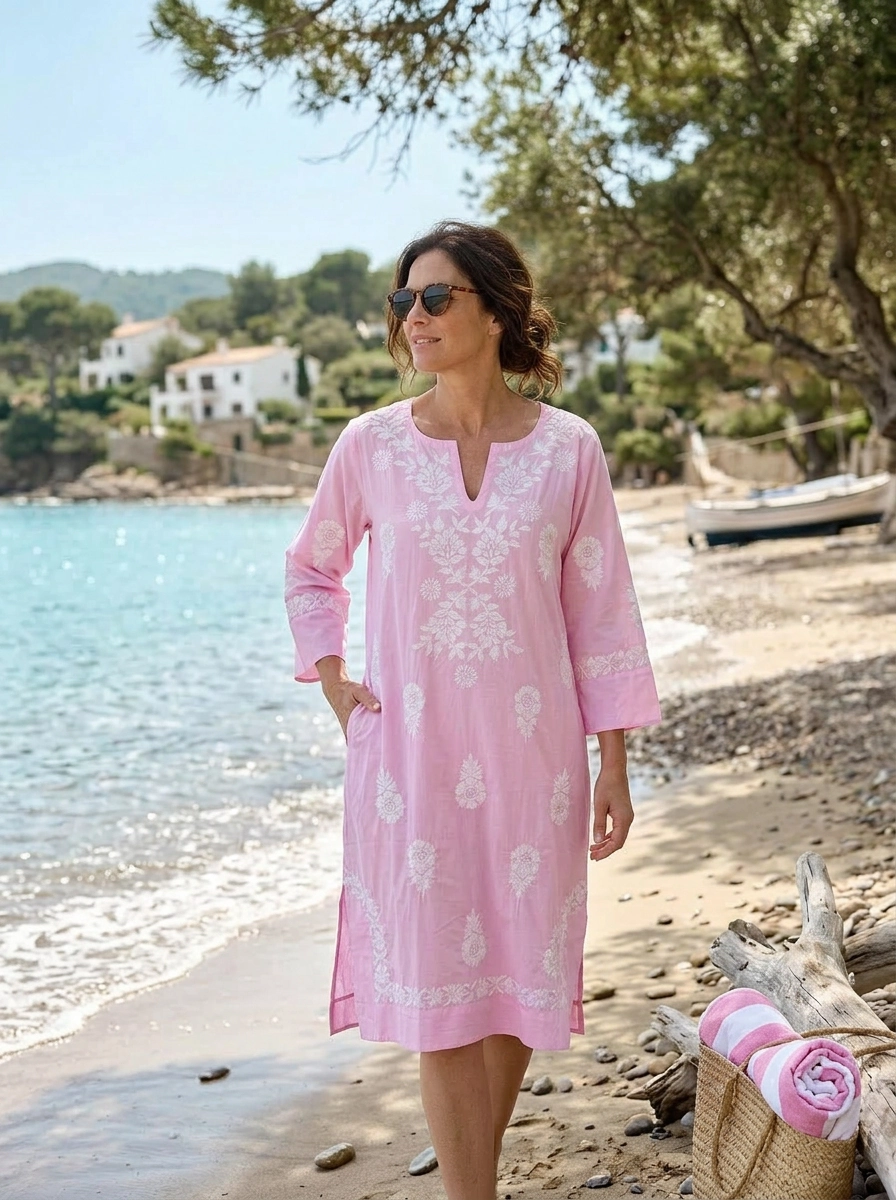 Pink Harriet Dress with White Hand Embroidery