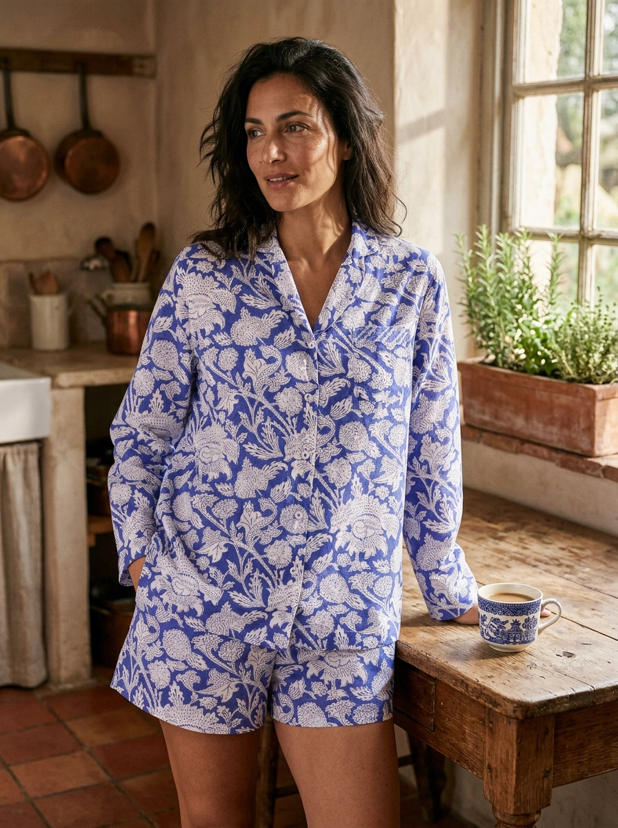 Hand Block Printed Cotton PJ Shorts set - China Blue