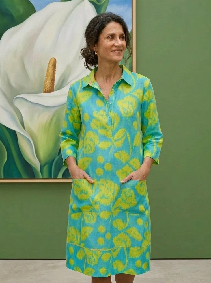 Up Town Linen Shirt Dress - Ikat Rose - Lime