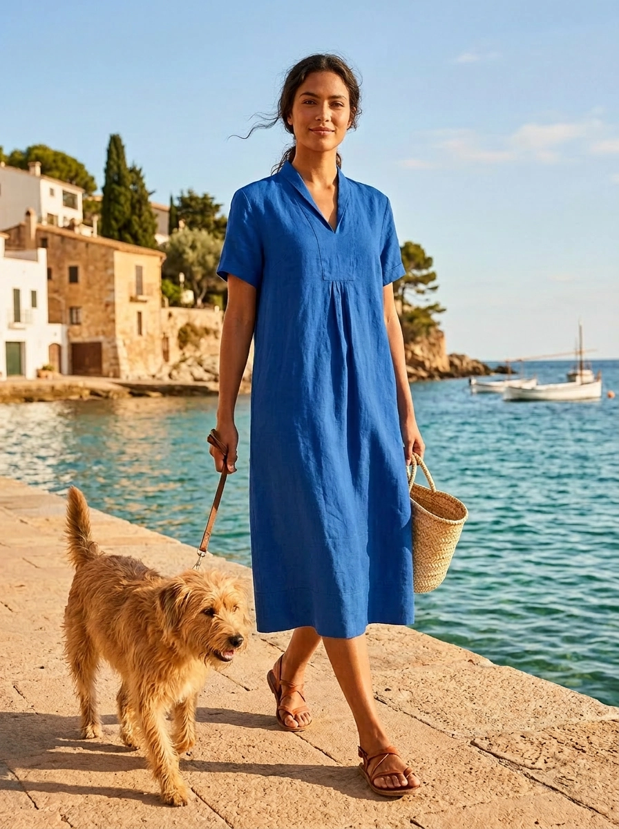 Elodie Short Sleeve Midi Dress Linen - Summer Blue