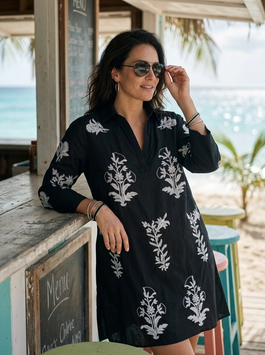 Short Tourist Dress with White Embroidery Cotton Black