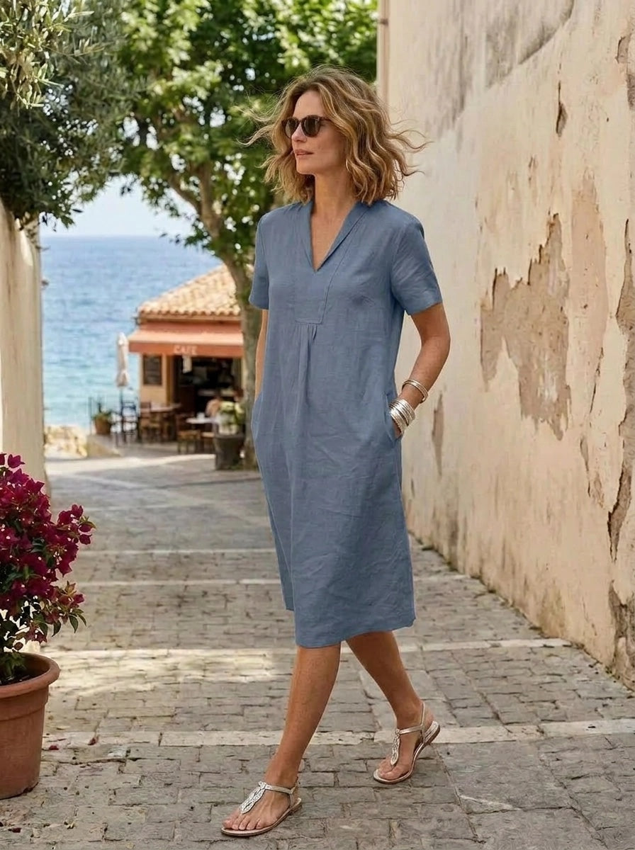 Elodie Short Sleeve Tunic Dress Linen - Dusky Blue