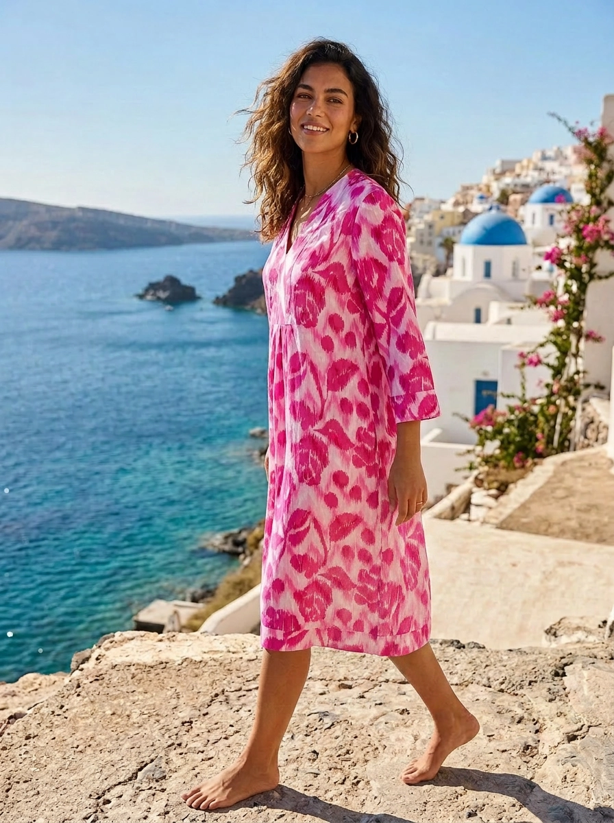 Ikat Rose Picot Midi Dress Linen Pink