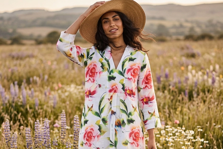 Floris Print Picot Dress Linen Multi