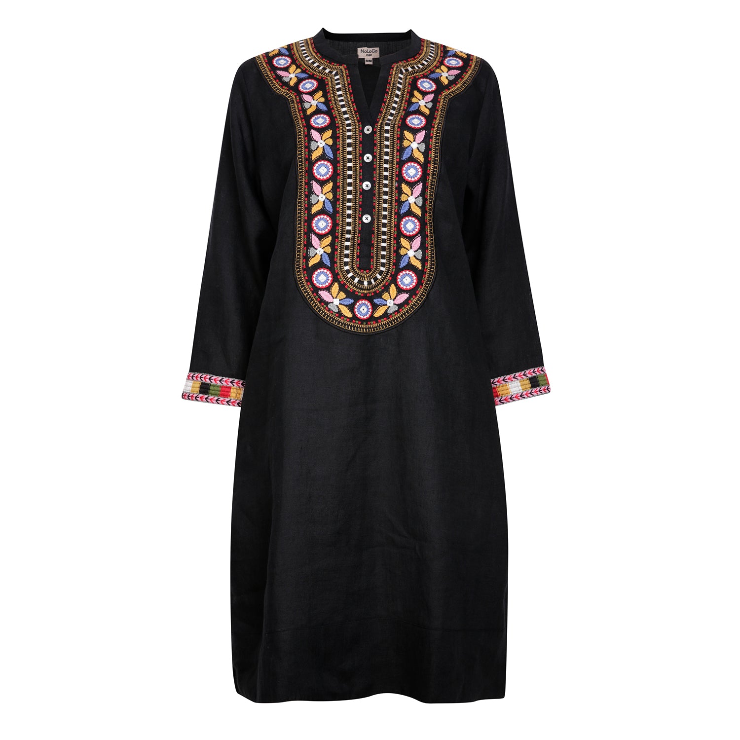 Tribal Embroidered Tunic Dress -Black