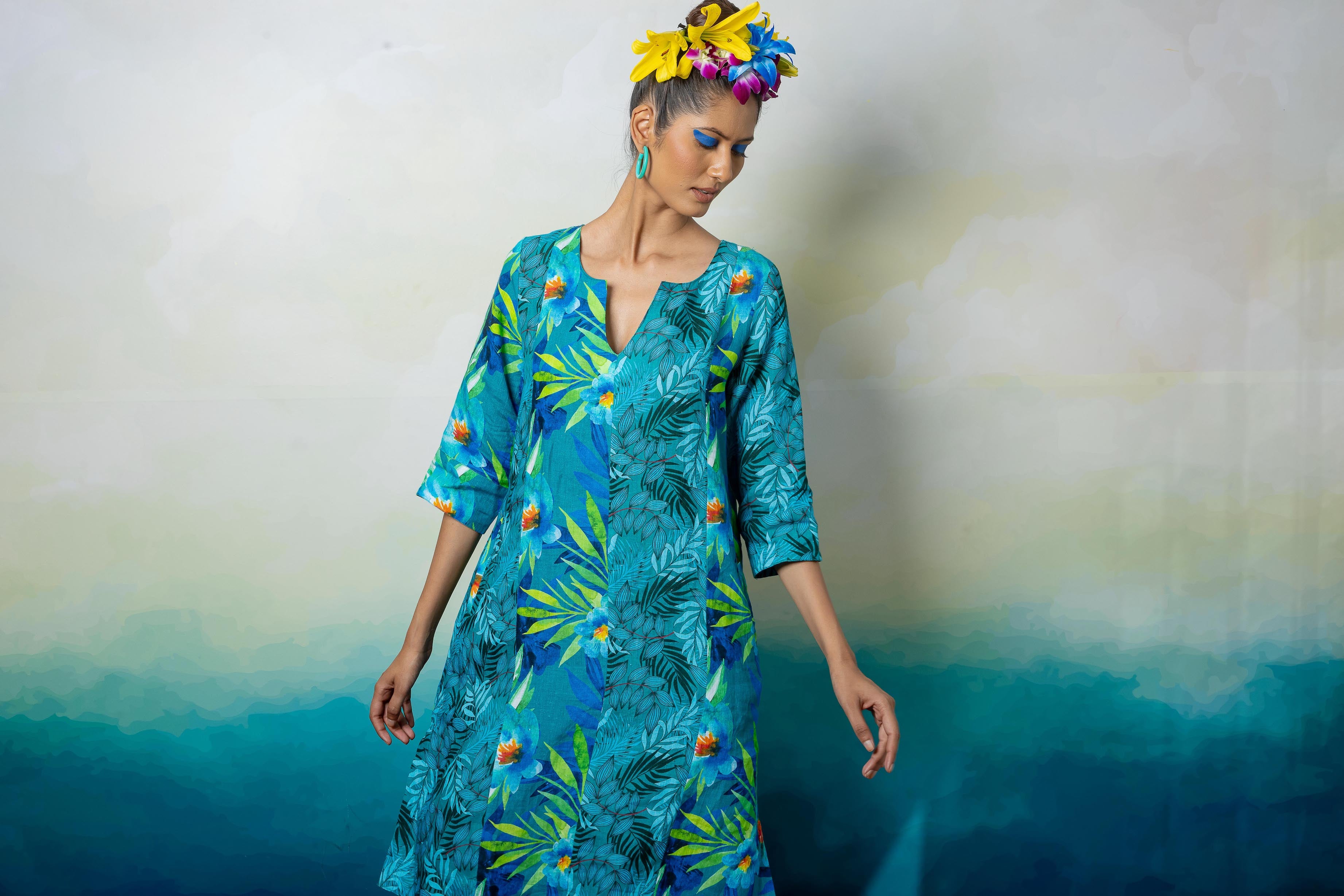 Persian Leaf Zen Midi Dress Linen Blue
