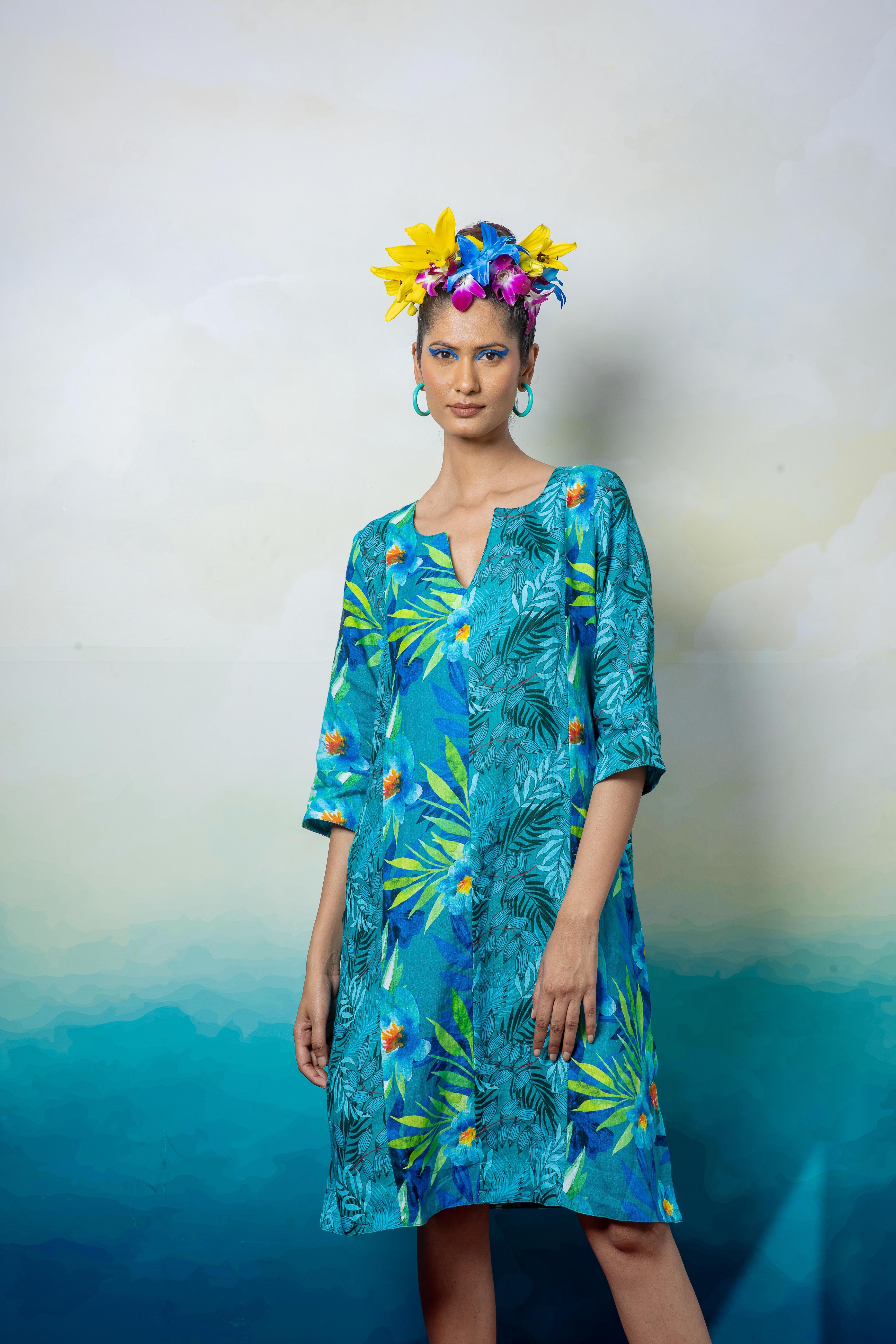 Persian Leaf Zen Midi Dress Linen Blue