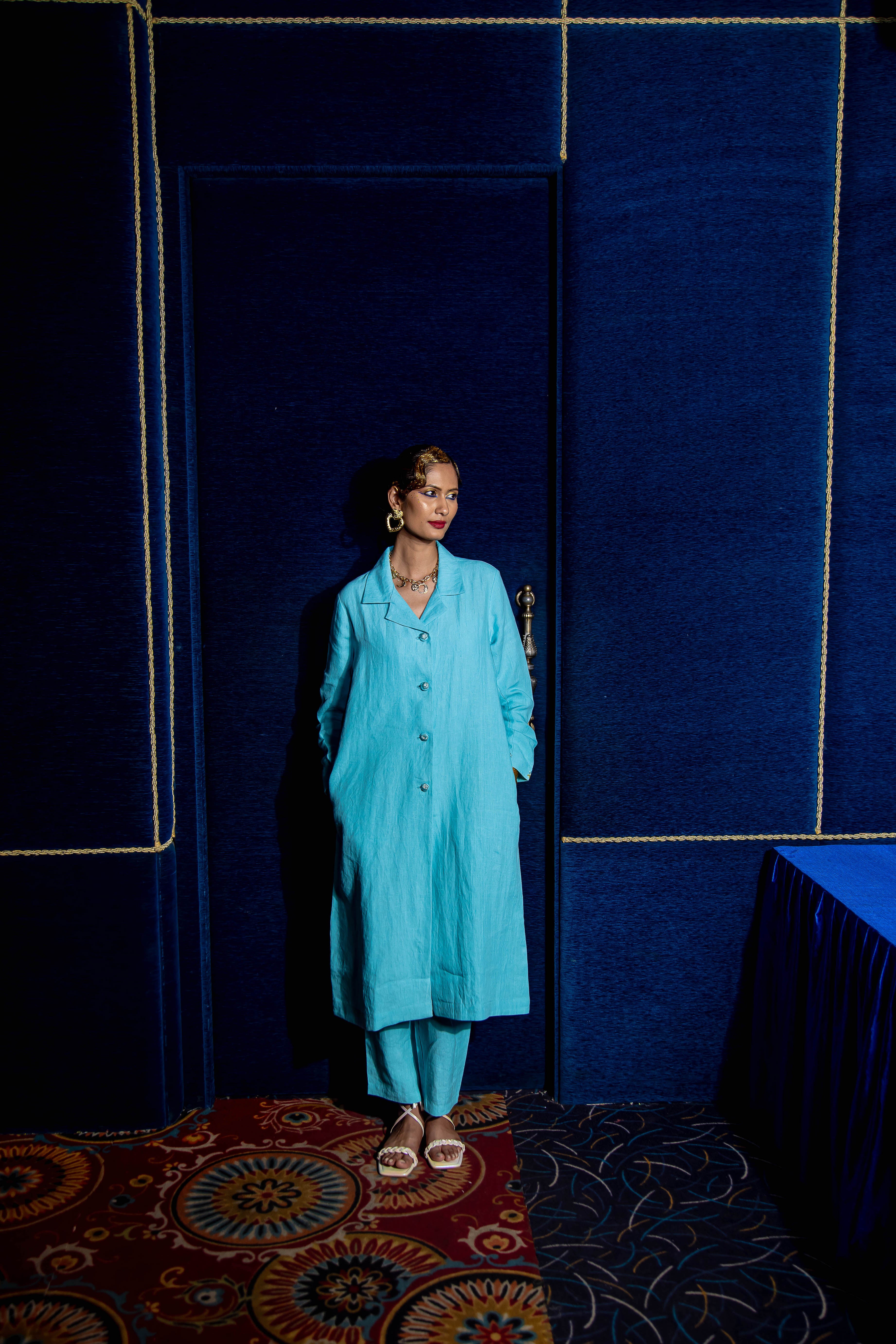 Embroidered Gertrude Coat Dress Linen Blue