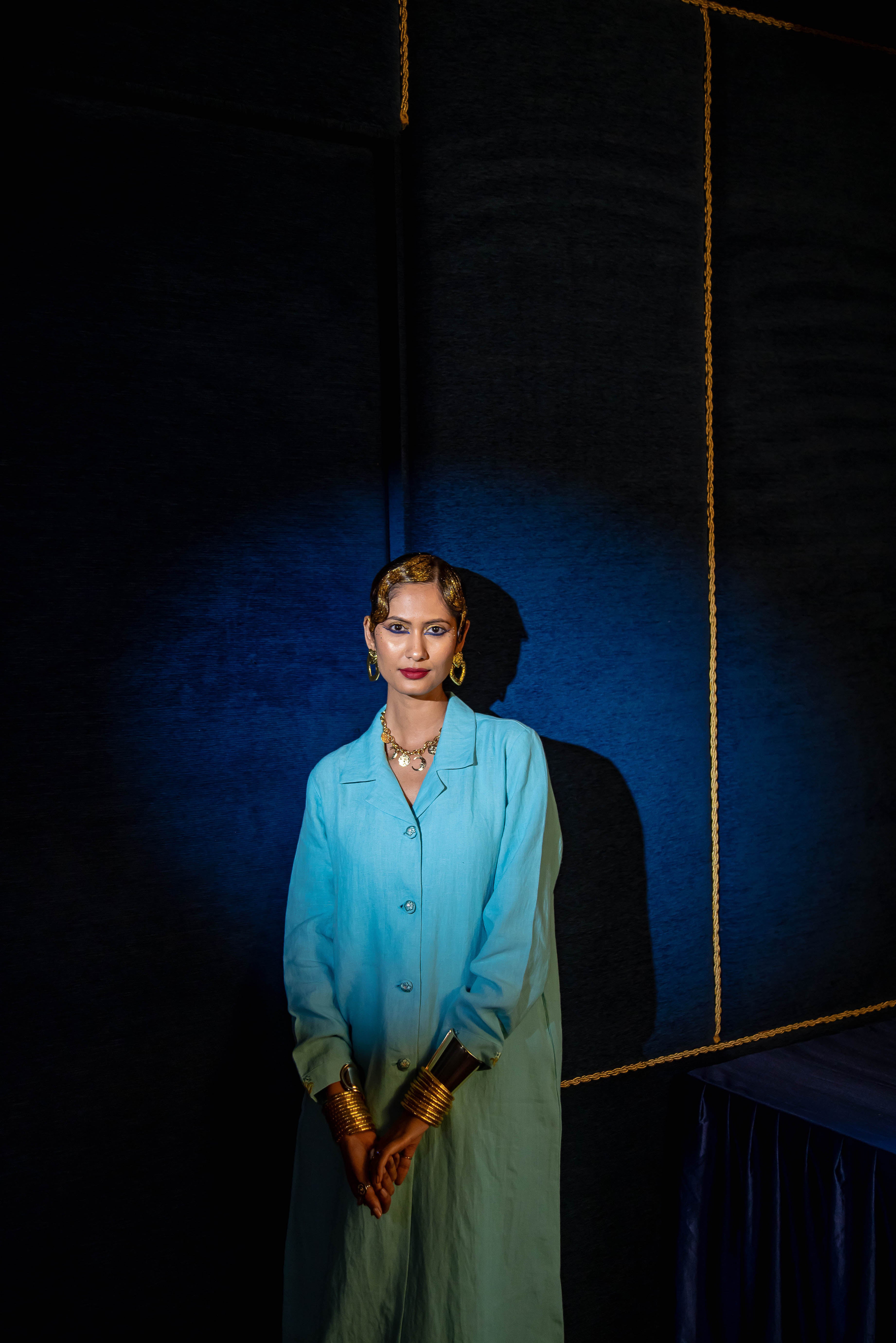 Embroidered Gertrude Coat Dress Linen Blue