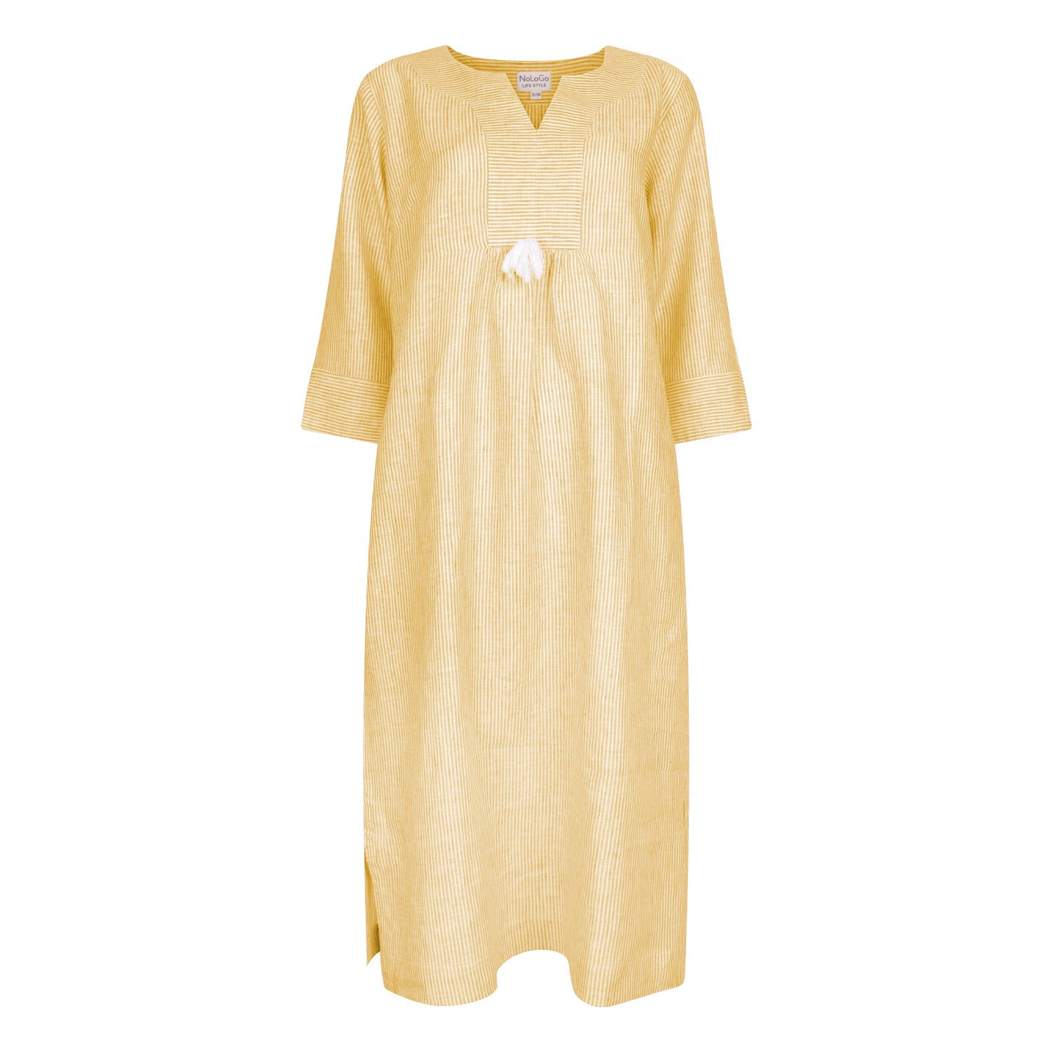 At Ease Stripe Linen Midi Dress Gold and White NoLoGoChic