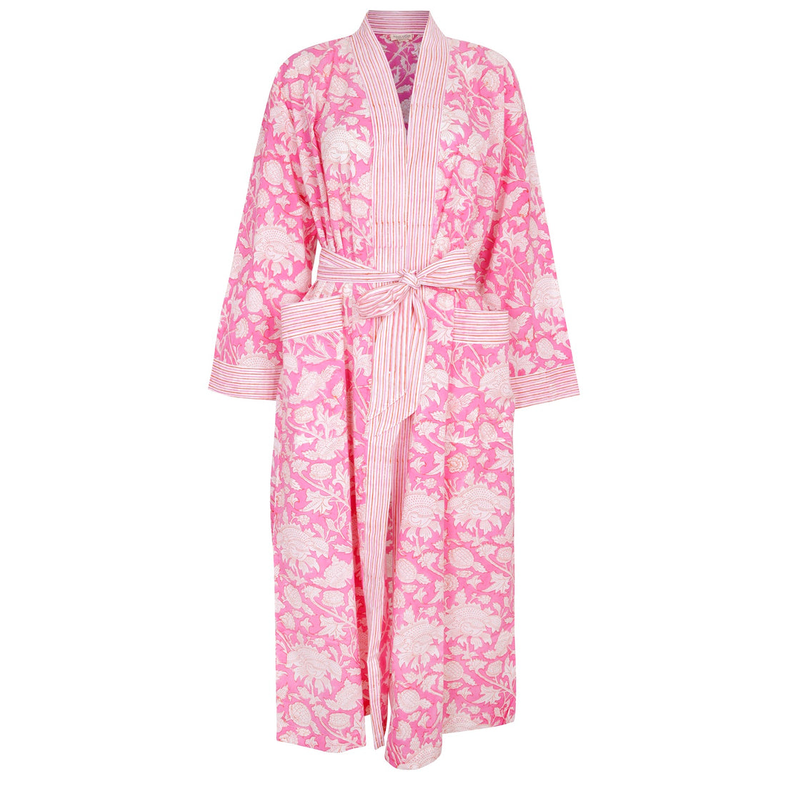 Hand Printed Cotton Kimono Robe - Hibiscus Pink