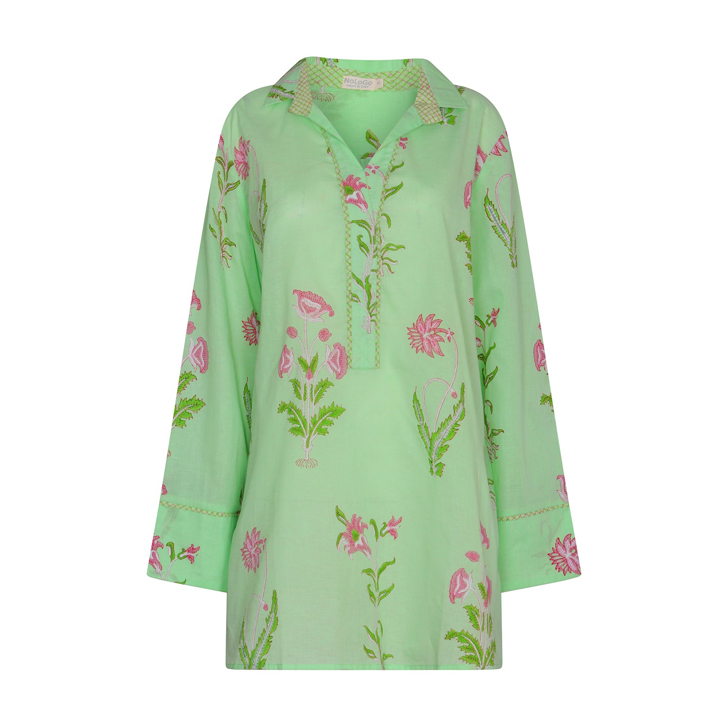 One Size Botanical Kurta Top Cotton - Pale Green