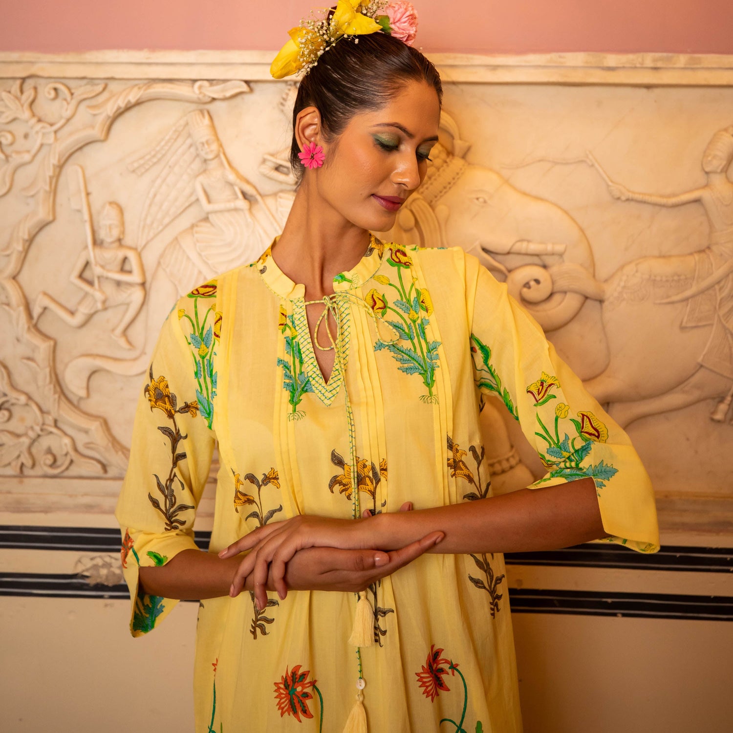 Botanical Tassel Kurta Cotton Lemon Popcorn
