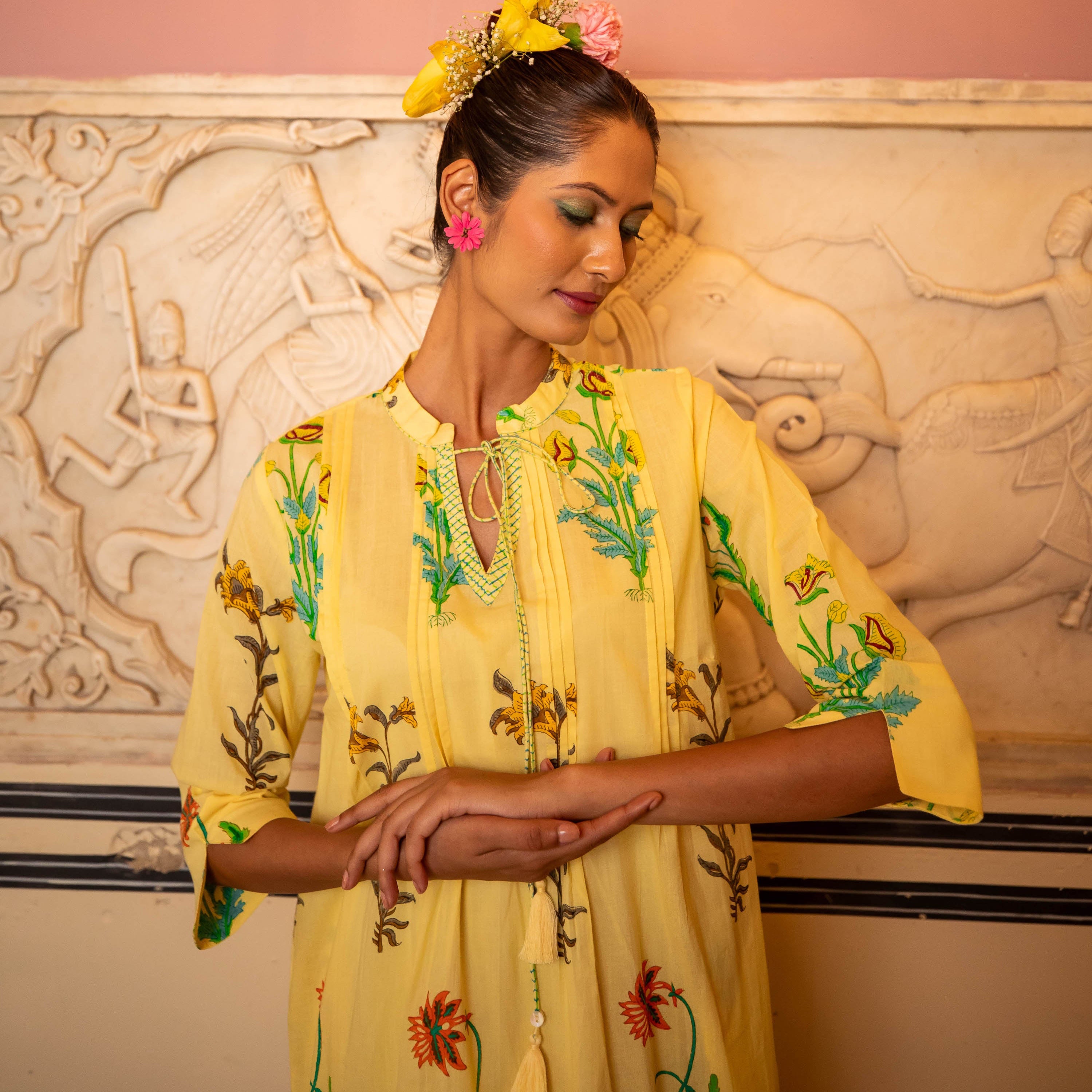 Botanical Tassel Kurta Cotton Lemon Popcorn