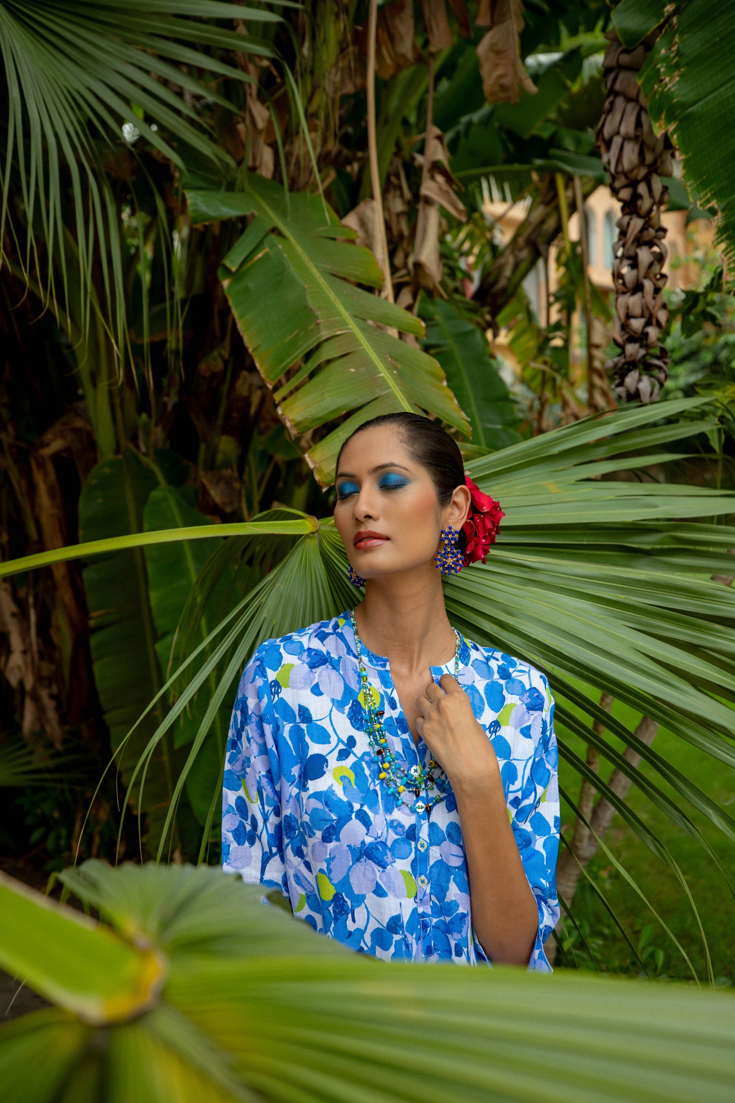 Green Plum Midi Dress Linen Blue