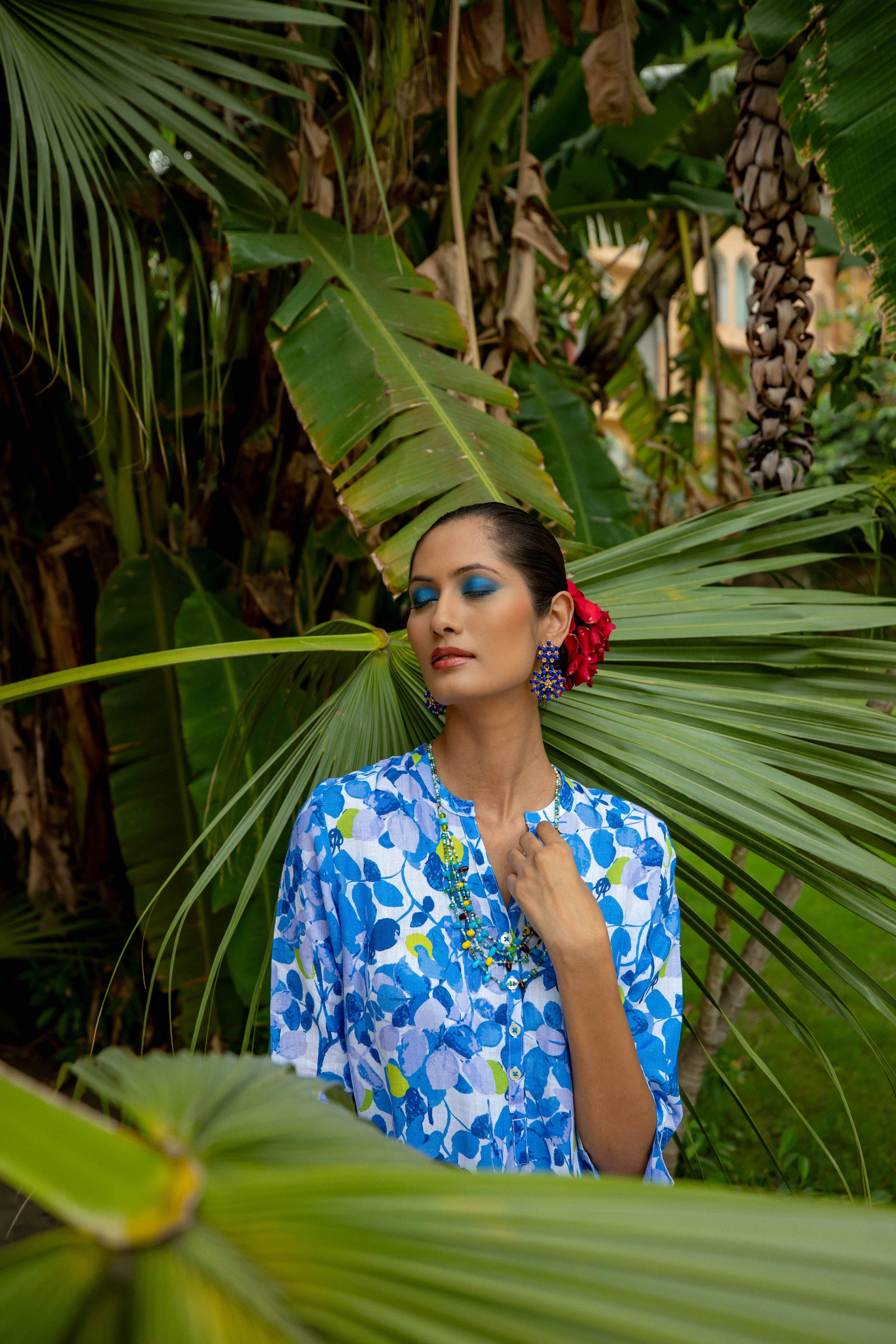 Green Plum Midi Dress Linen Blue