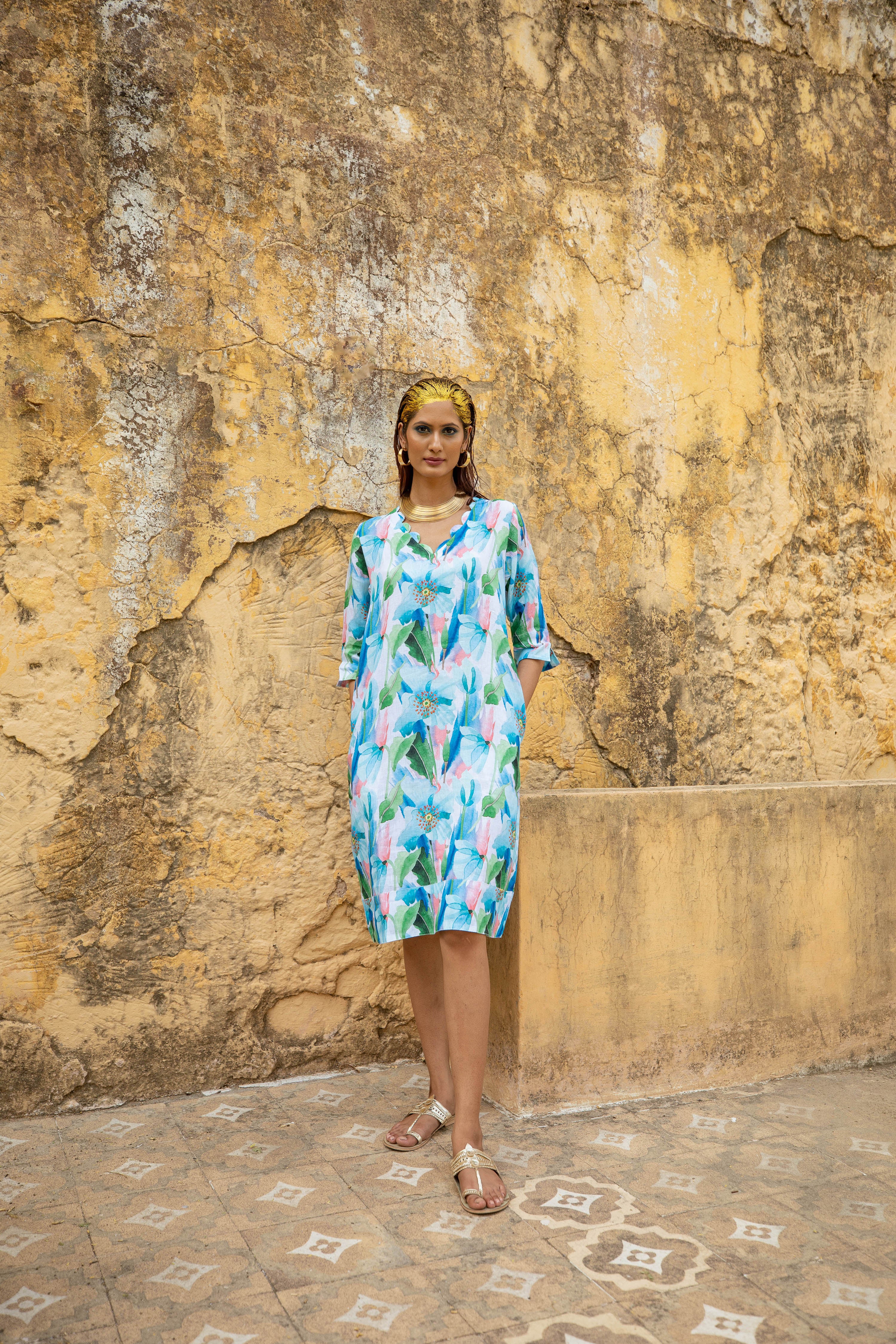 Tulip Poppy Scallop V Neck Dress Linen Blue
