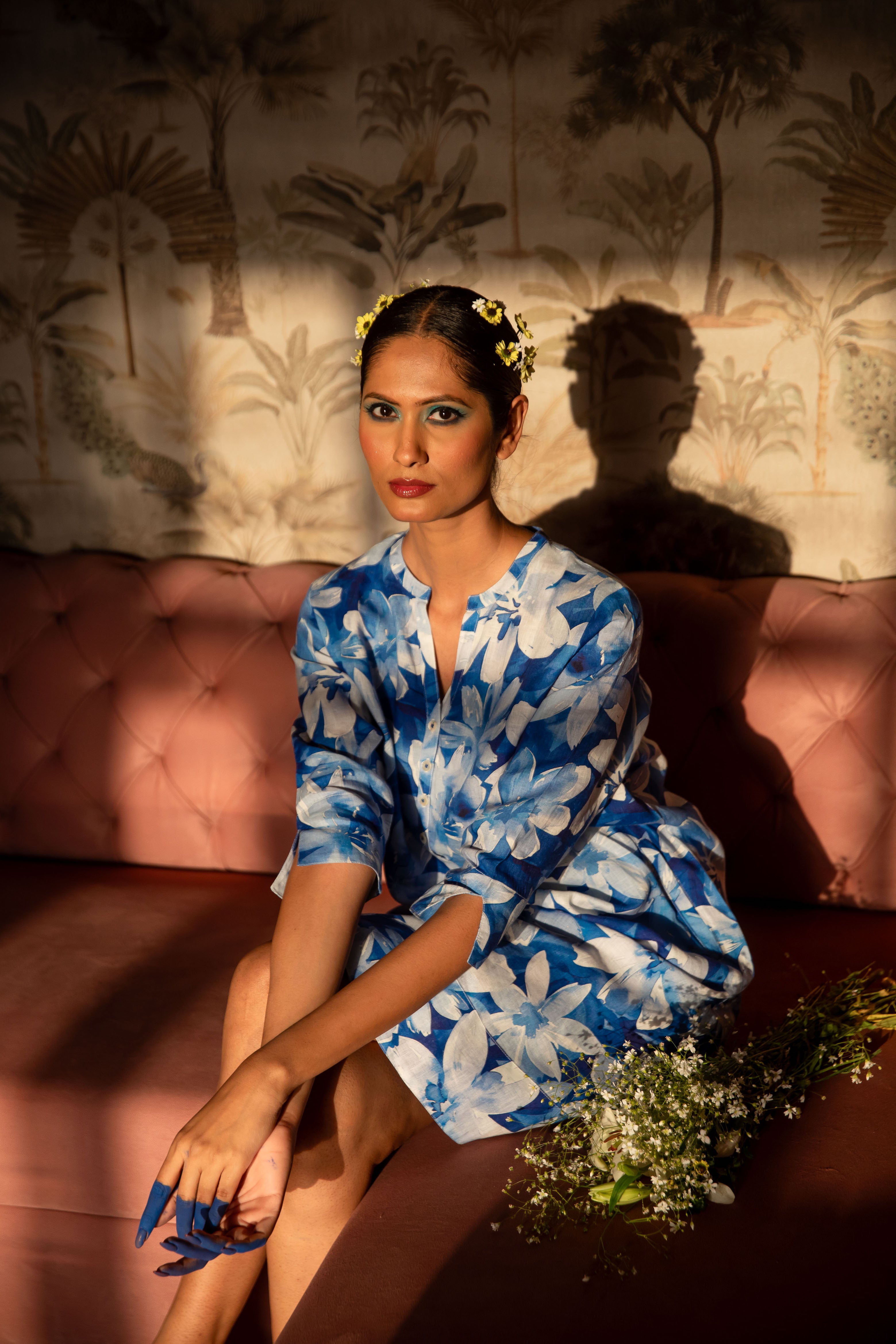 Blue Jay Print Tunic Classic Dress Linen Blue