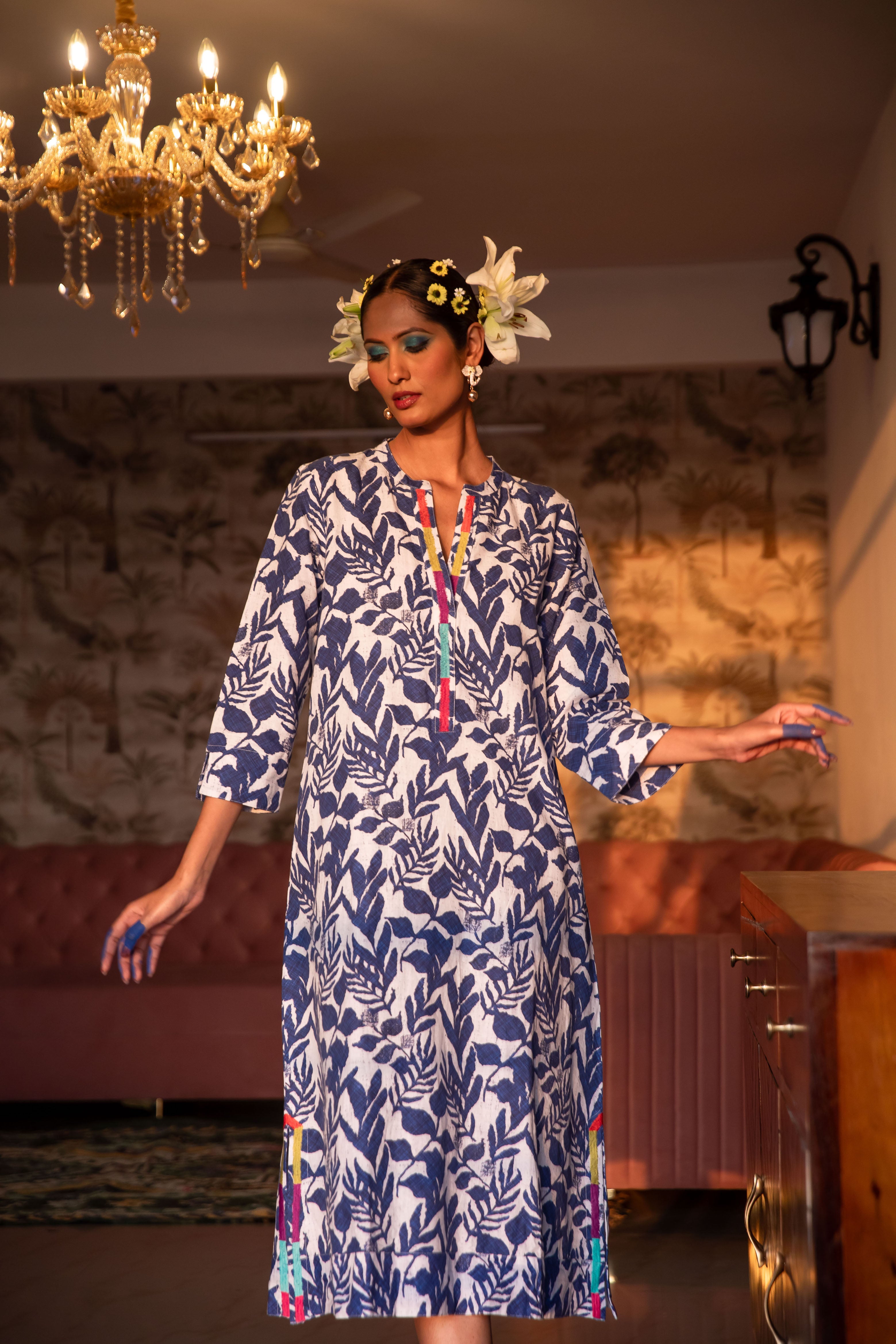 Lino Print Embroidered Kaftan Linen - Blue