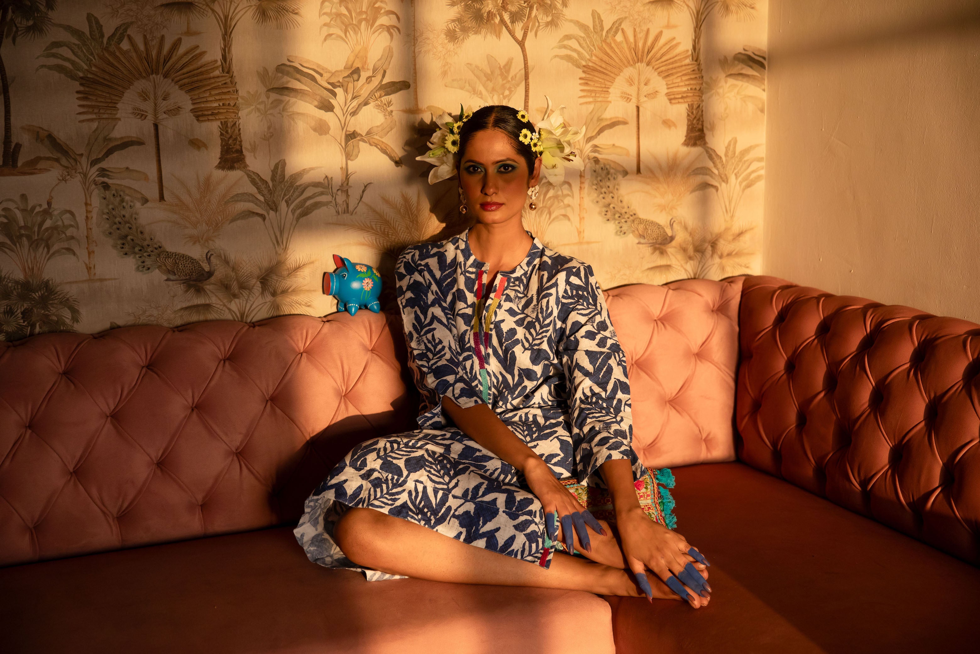 Lino Print Embroidered Kaftan Linen - Blue
