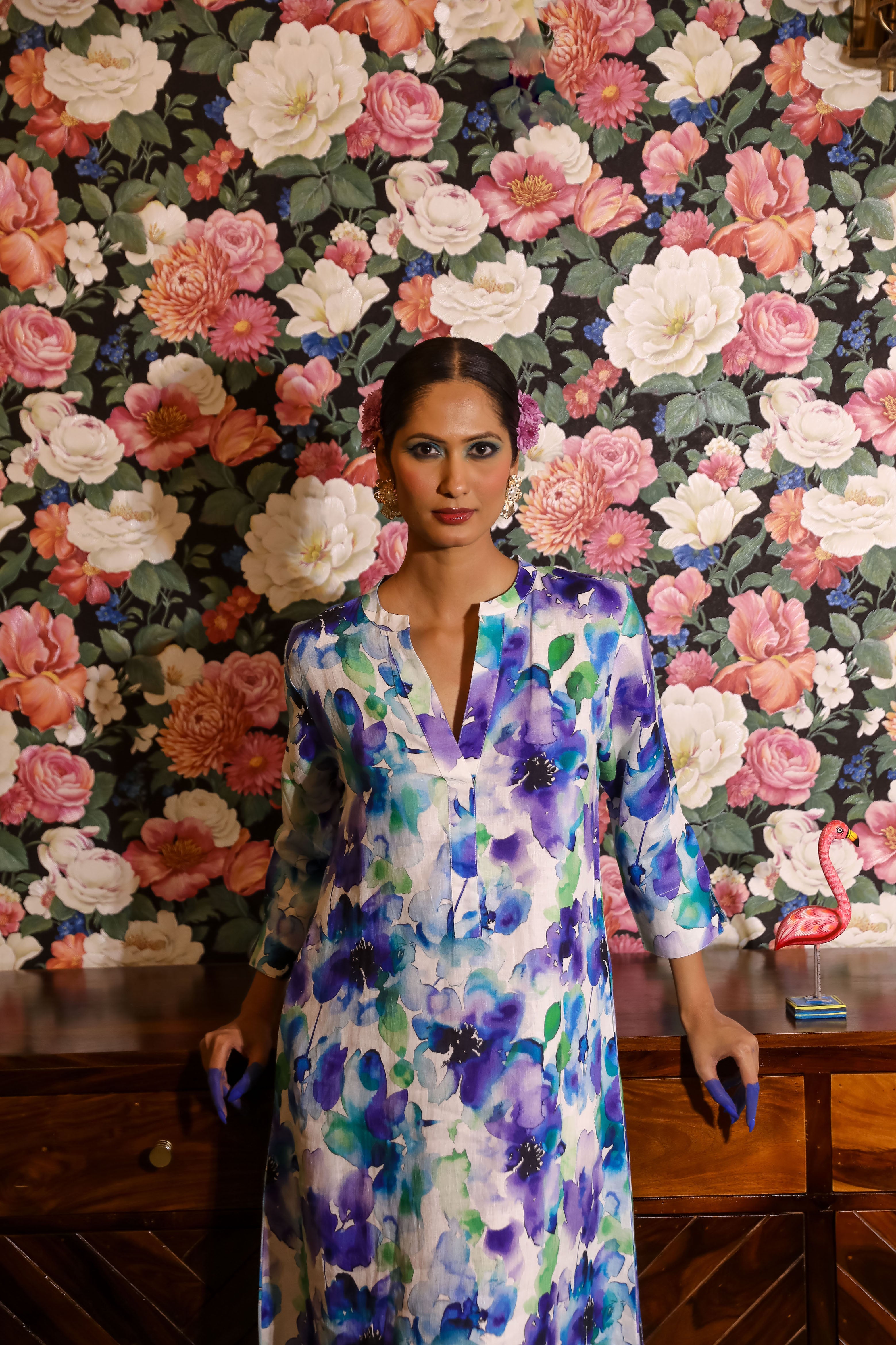 Water Petal Print Kaftan Linen - Multi