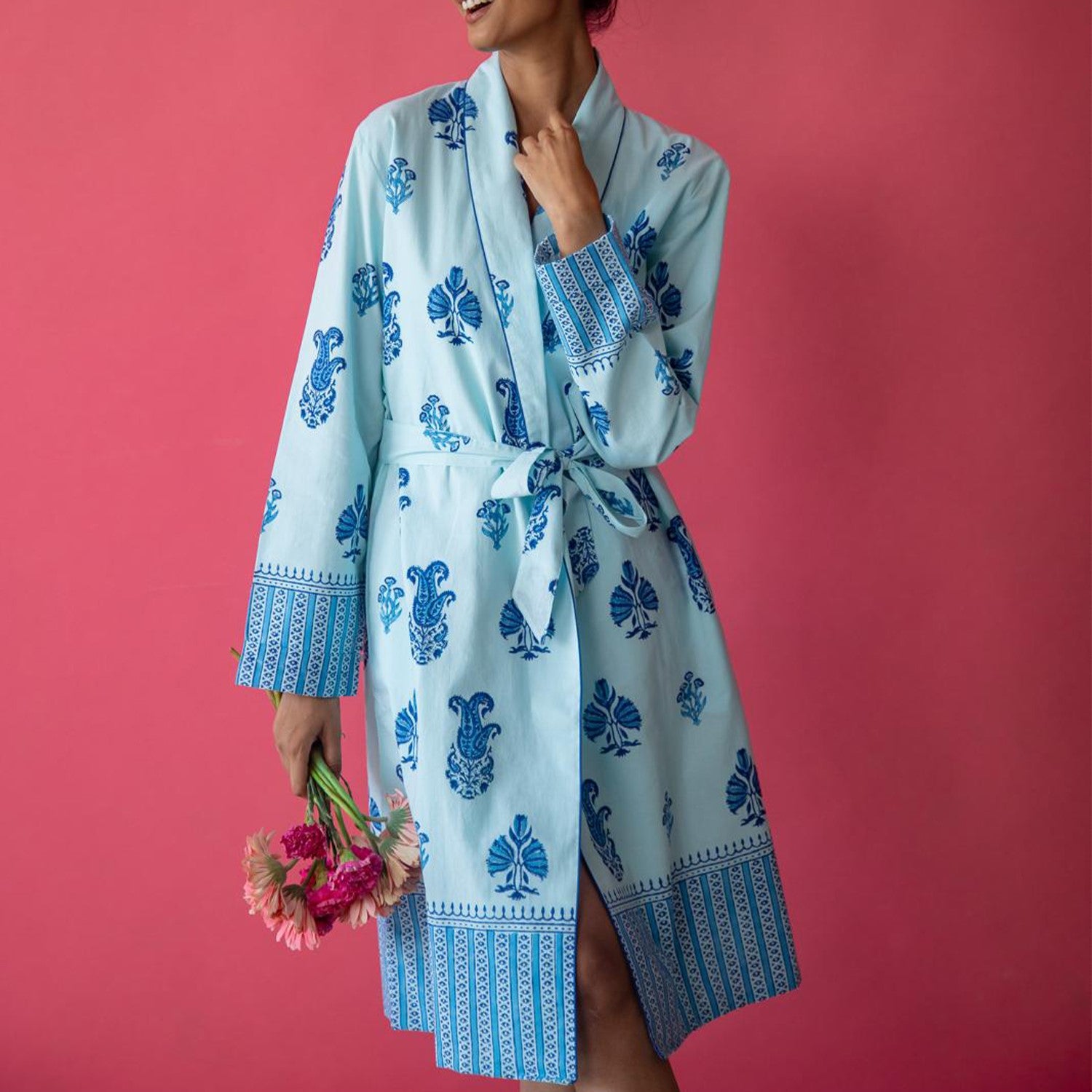 Botanical Shawl Robe Cotton Cambric Persian Blue