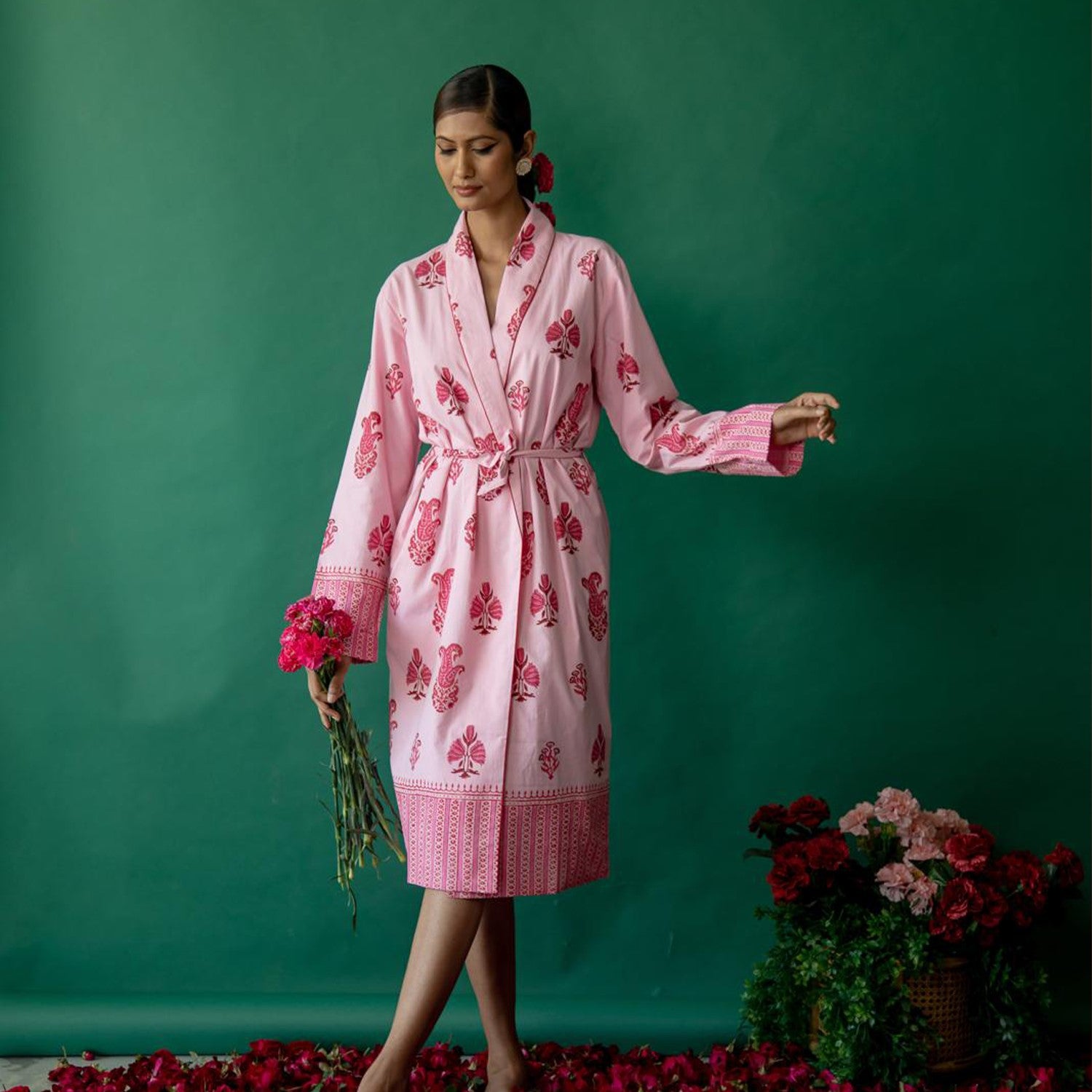Botanical Shawl Robe Cotton Cambric Mid Pink