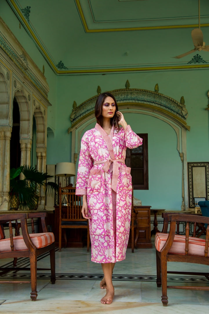 Hand Printed Cotton Kimono Robe - Hibiscus Pink