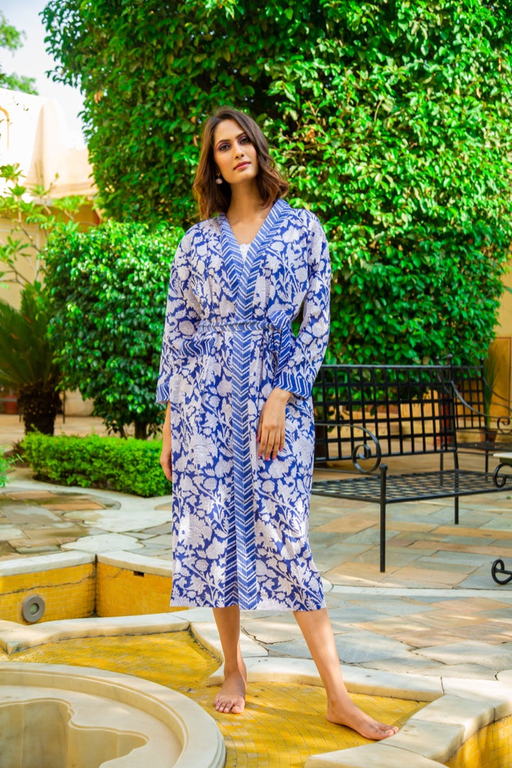 Hand Printed Cotton Kimono Robe - China Blue