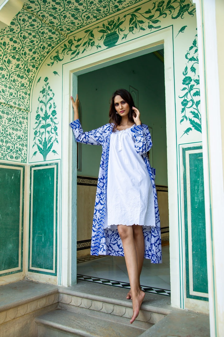 Hand Printed Cotton Kimono Robe - China Blue