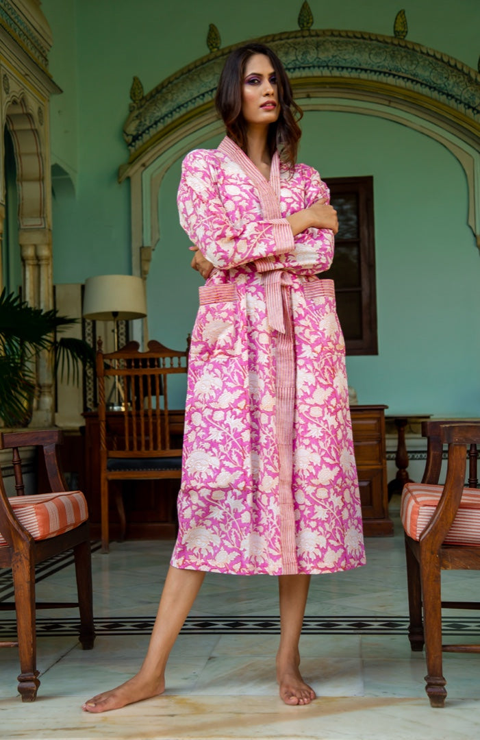 Hand Printed Cotton Kimono Robe -  China Blue