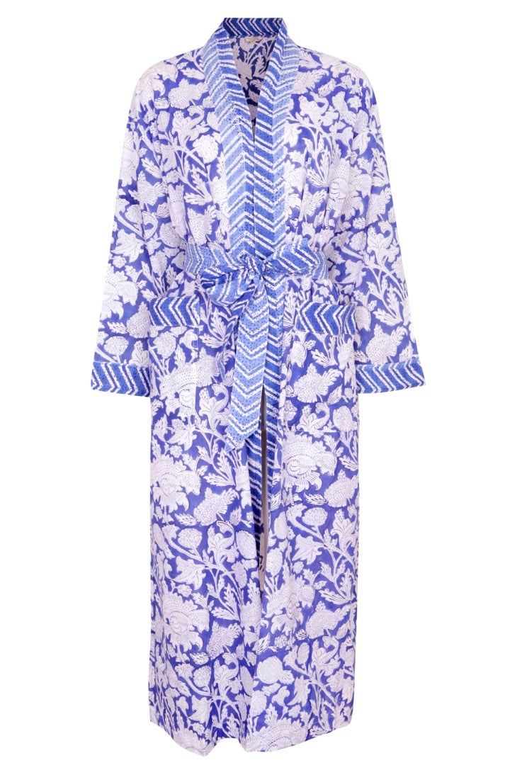 Hand Printed Cotton Kimono Robe -  China Blue